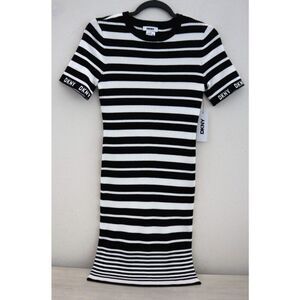 DKNY DD5Z1104 Women's Sz S Black/Ivory Striped Short Sleeve Sweater Dress